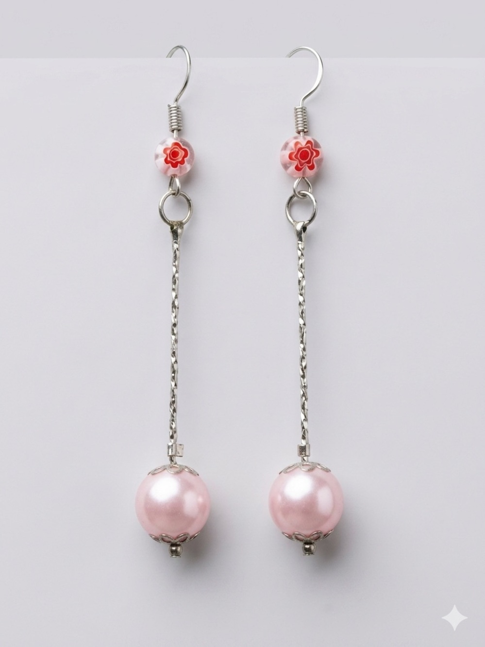 Pink Faux Pearl Long Dangle Earrings Silver Flower Lampwork Bead Drop